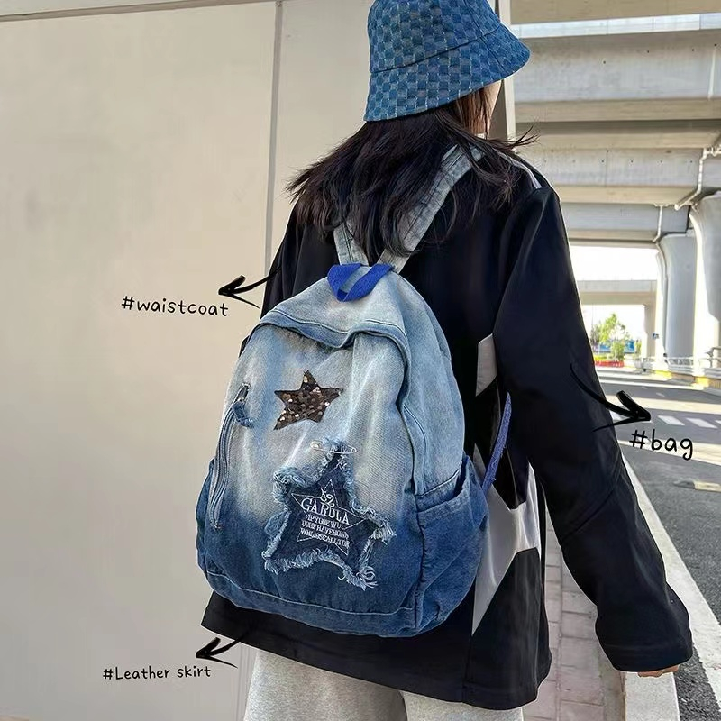 Ba Lô Denim Thêu Họa Tiết Hoạt Hình Xinh Xắn Dành Cho Nữ