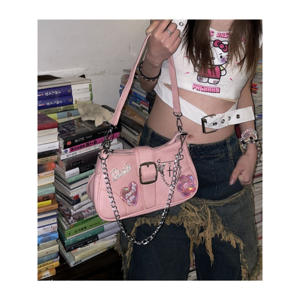 Niche Túi Xách Đeo Dưới Cánh Tay y2k Thiết Kế Ngôi Sao Màu Hồng Có Dây Xích Cho Nữ