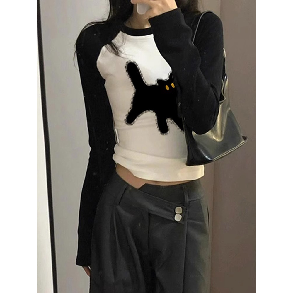 Ethelgirl Áo Thun Tay Dài In Hình Mèo raglan Thời Trang Hàn Quốc Dành Cho Nữ