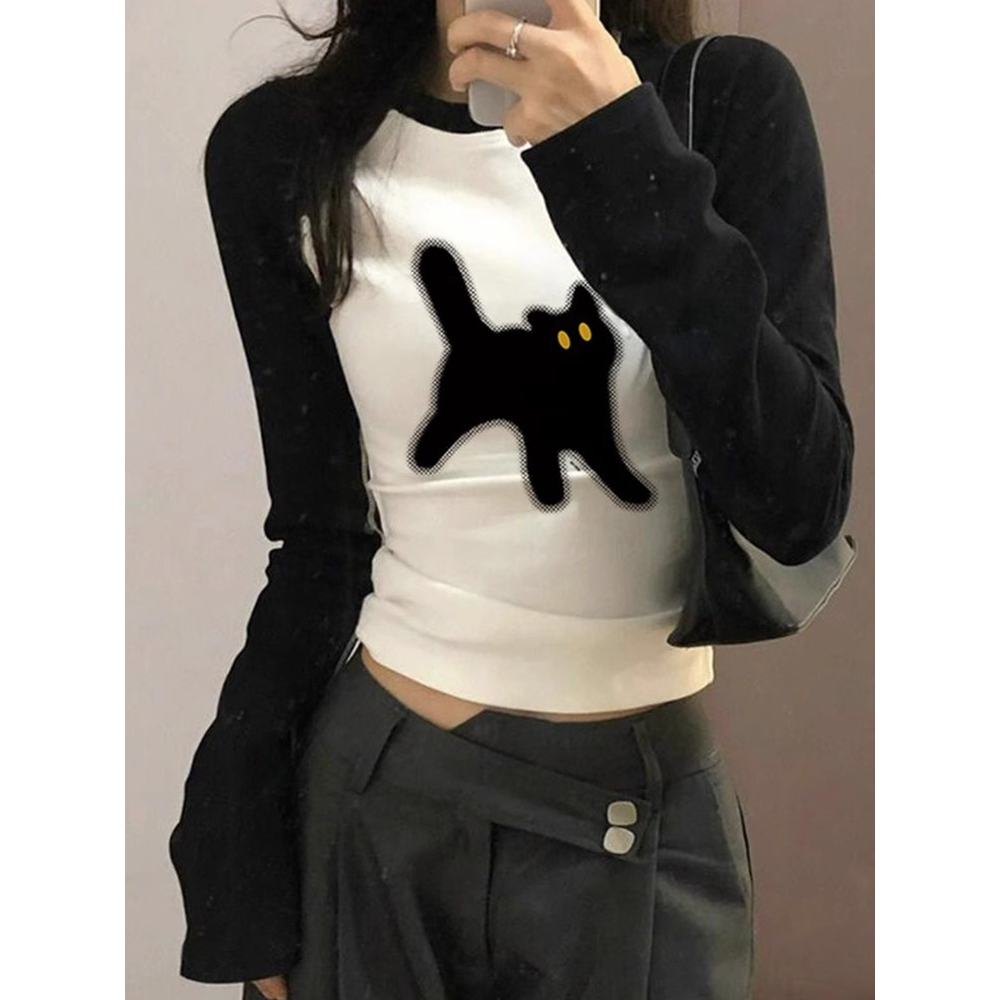 Ethelgirl Áo Thun Tay Dài In Hình Mèo raglan Thời Trang Hàn Quốc Dành Cho Nữ