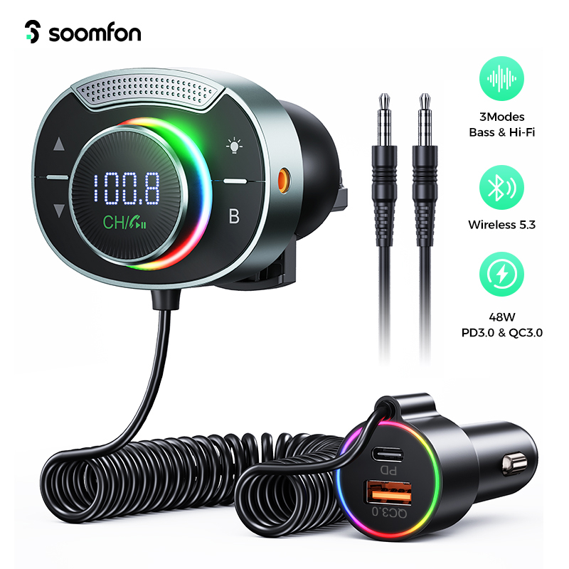 Soomfon Thiết Bị Phát bluetooth 5.3 pd qc3.0 38w 3.5mm aux tf Có Màn Hình led Hiển Thị Không Ồn Cho Xe Hơi