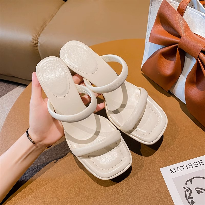 ☍☈Trong Kho Tự Phân ~ Mặc Ngoài Trời!Giày Sandal Gót Cao Dày Mũi Vuông Đơn Giản Phong Cách Pháp Dễ Phối Đồ