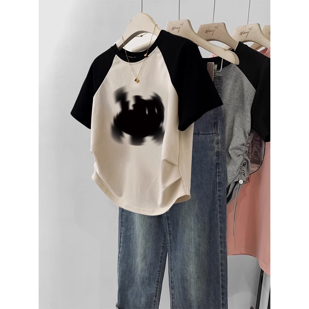 Ethelgirl Áo Thun Ngắn Tay Xếp Ly Ôm Dáng Vừa Vặn In Hình Mèo raglan Thời Trang Hàn Quốc Cho Nữ