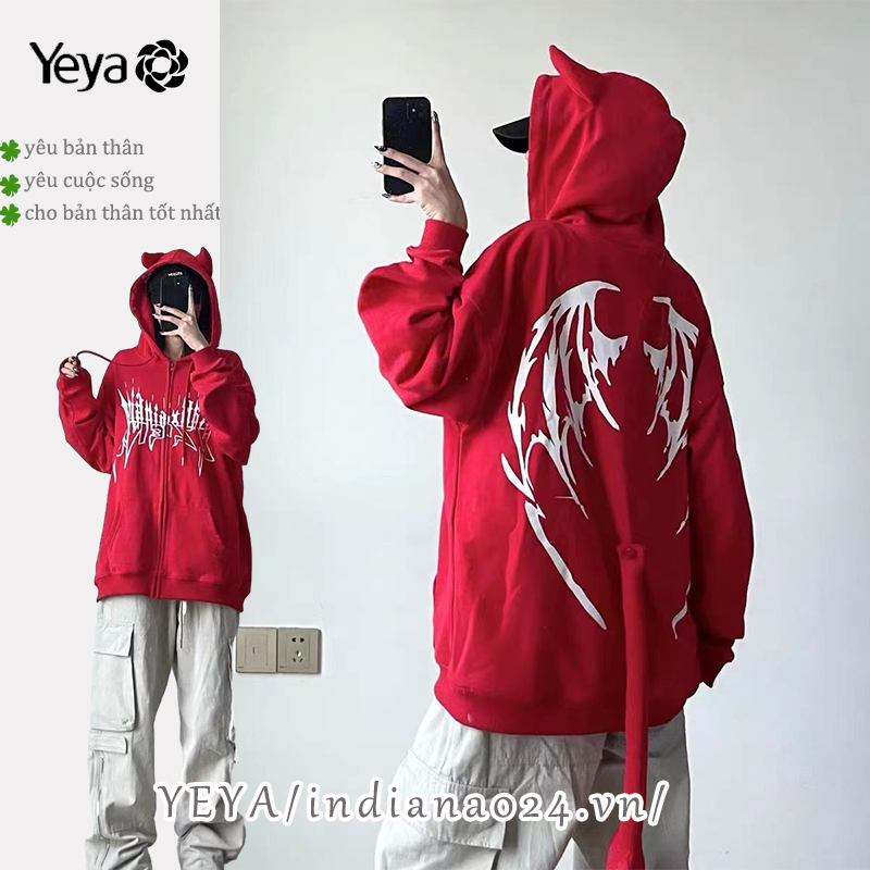 Yeya Áo Khoác cardigan Len Lông Cừu Dáng Rộng Có Mũ Trùm Hình Quỷ Phong Cách Mỹ Cho Nữ