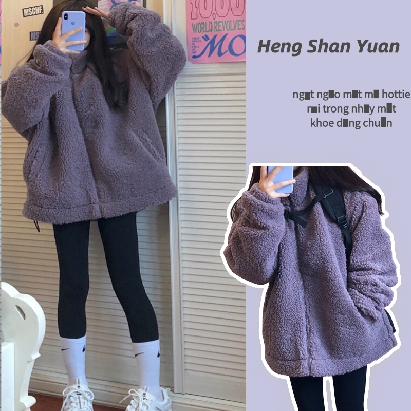 Áo Khoác Giả Lông Cừu Phối Nhung Mềm Mại Thời Trang Thu Đông 2023 Cho Nữ