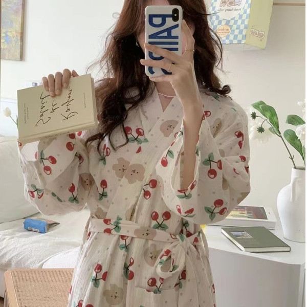 Áo Ngủ Nữ, Đồ Ngủ Mùa Xuân Và Mùa Thu Nhật Bản, Váy Ngủ Ngọt Ngào, Gấu Anh Đào, Áo Choàng Tắm Dài