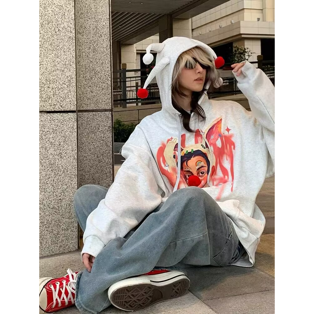Ruo Bei  Xuan   Áo sweater Có Mũ Trùm In Hình Chú Hề Thiết Kế Mới Thời Trang Thu Đông Cho Nữ