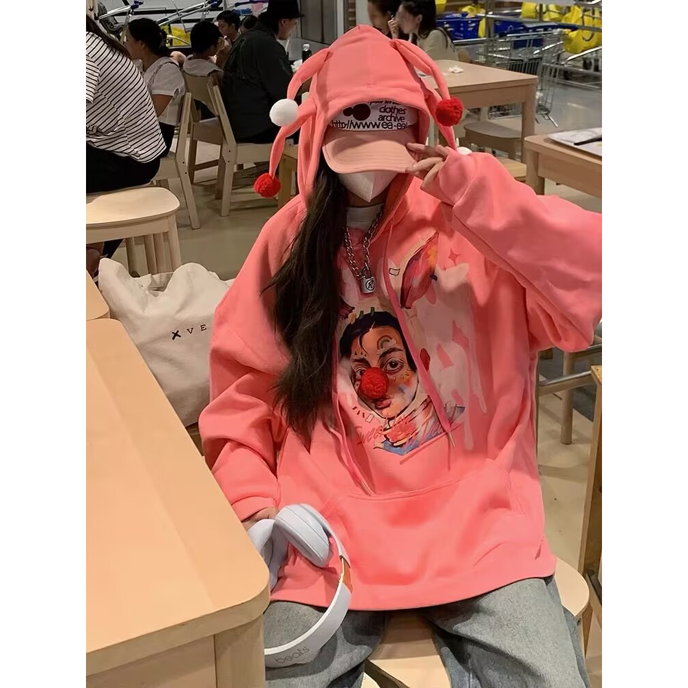 Ruo Bei  Xuan   Áo sweater Có Mũ Trùm In Hình Chú Hề Thiết Kế Mới Thời Trang Thu Đông Cho Nữ