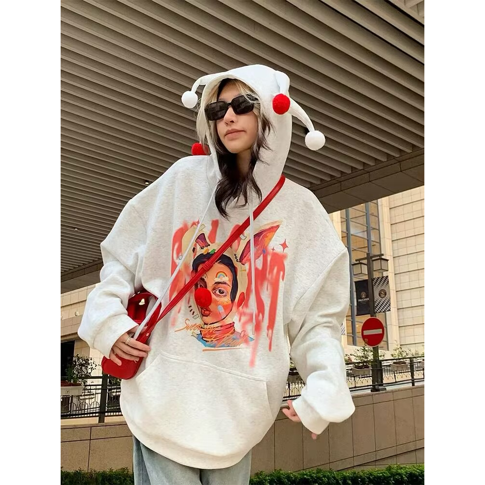 Ruo Bei  Xuan   Áo sweater Có Mũ Trùm In Hình Chú Hề Thiết Kế Mới Thời Trang Thu Đông Cho Nữ