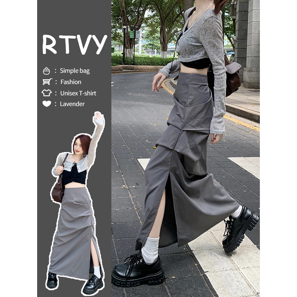 【RTVY】Chân Váy Chữ a Lưng Cao Xếp Li Màu Xám Phong Cách retro Mỹ Cho Nữ