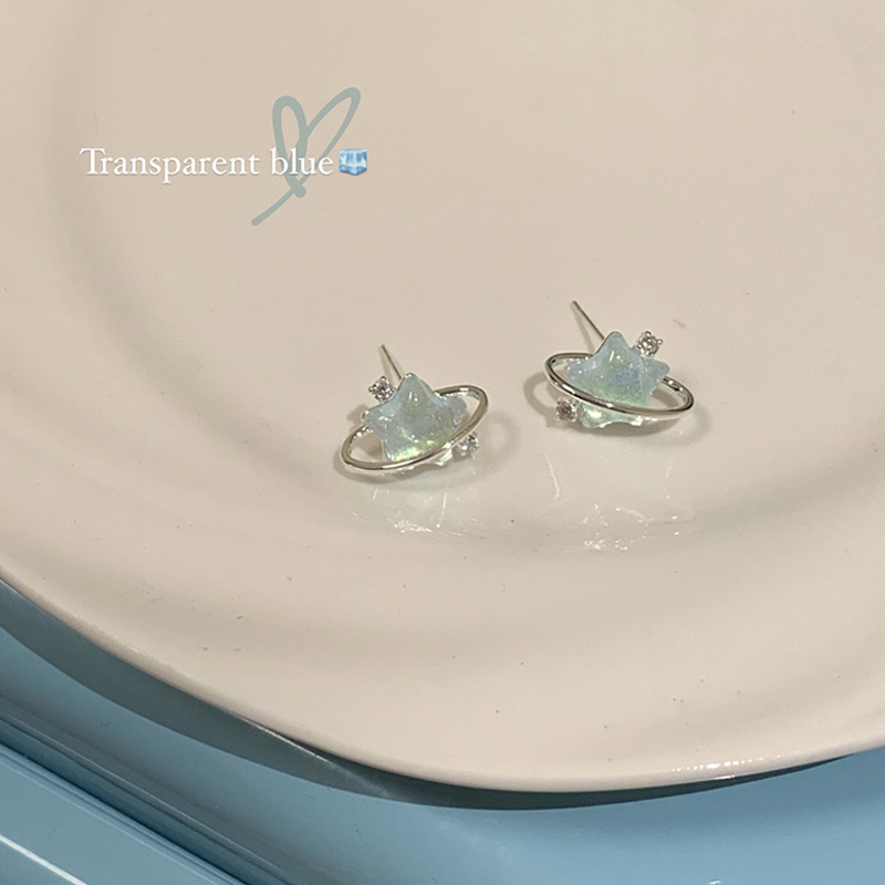 Bông Tai Hình Trái Tim Ngôi Sao Năm Cánh Phong Cách niche Sang Trọng Trọng Trọng Màu Xanh Dương Biển Giảm Giá 1k