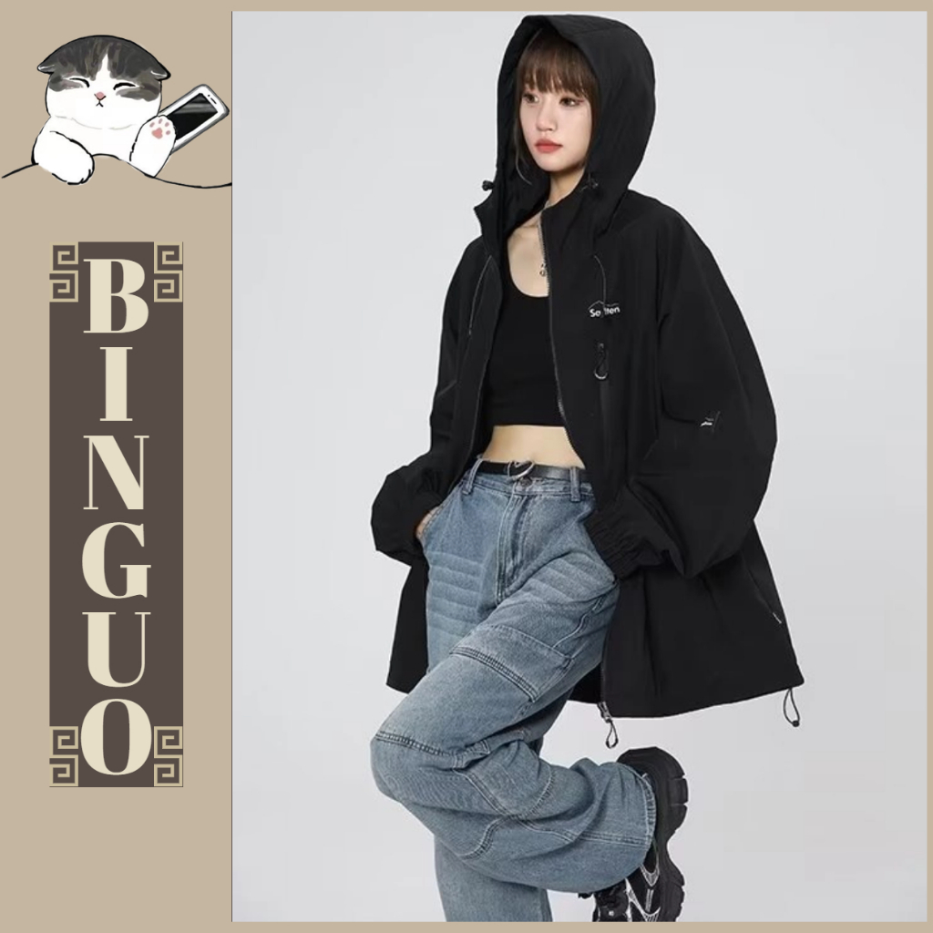 Áo Khoác nữ Có Thiết kế mũ trùm và khóa kéo In Họa Tiết Cá Tính Hợp Trang trí khóa kéo Thời Trang Phong Cách Hàn Quốc Cặp Đôi áo khoác form rộng