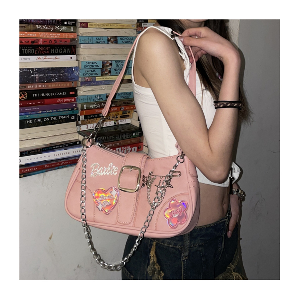 Niche Túi Xách Đeo Dưới Cánh Tay y2k Thiết Kế Ngôi Sao Màu Hồng Có Dây Xích Cho Nữ