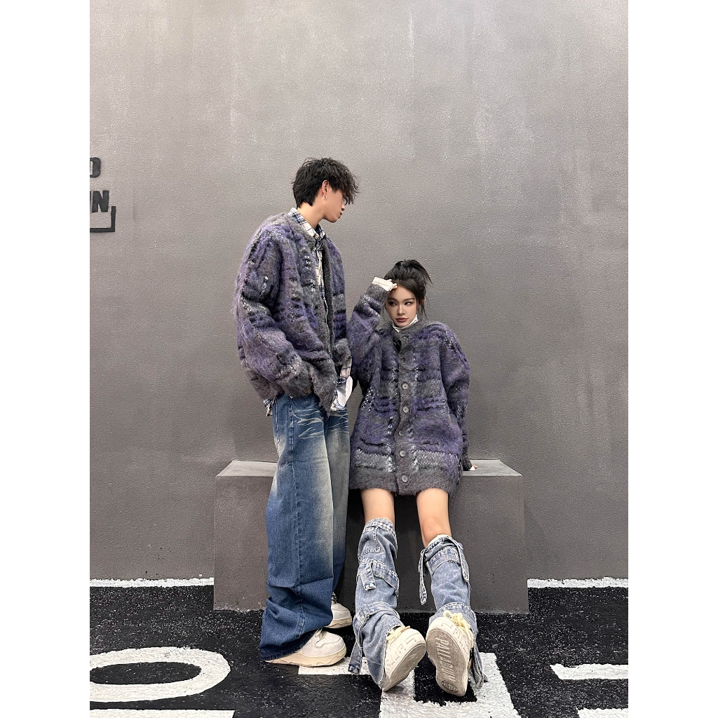 Fine studio Áo Khoác cardigan Dệt Kim Dáng Rộng Màu Sắc Tương Phản retro Mỹ Dành Cho Cặp Đôi Mùa Thu Đông