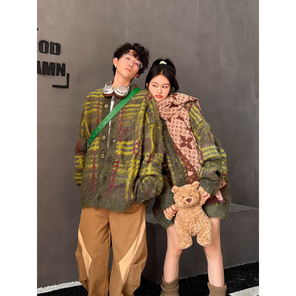 Fine studio Áo Khoác cardigan Dệt Kim Dáng Rộng Màu Sắc Tương Phản retro Mỹ Dành Cho Cặp Đôi Mùa Thu Đông