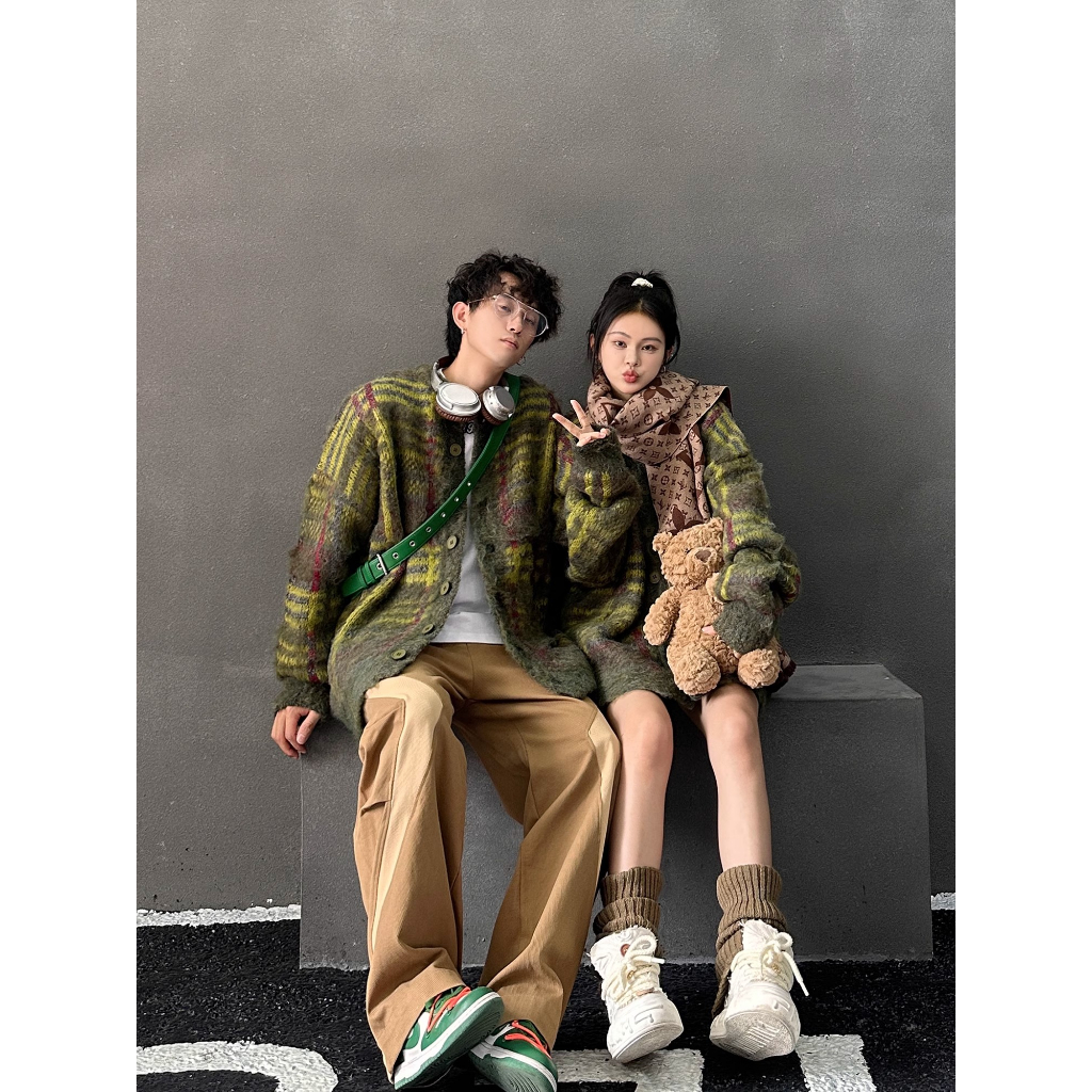 Fine studio Áo Khoác cardigan Dệt Kim Dáng Rộng Màu Sắc Tương Phản retro Mỹ Dành Cho Cặp Đôi Mùa Thu Đông