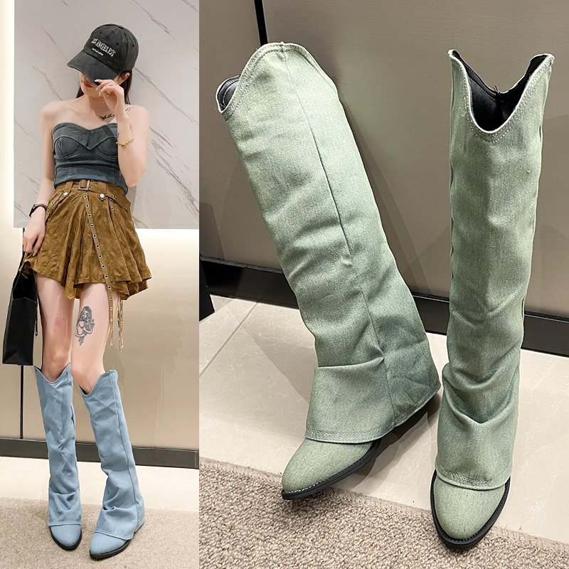 ❤️Agate shop Giày Bốt denim Mũi Nhọn Thời Trang Cho Nữ