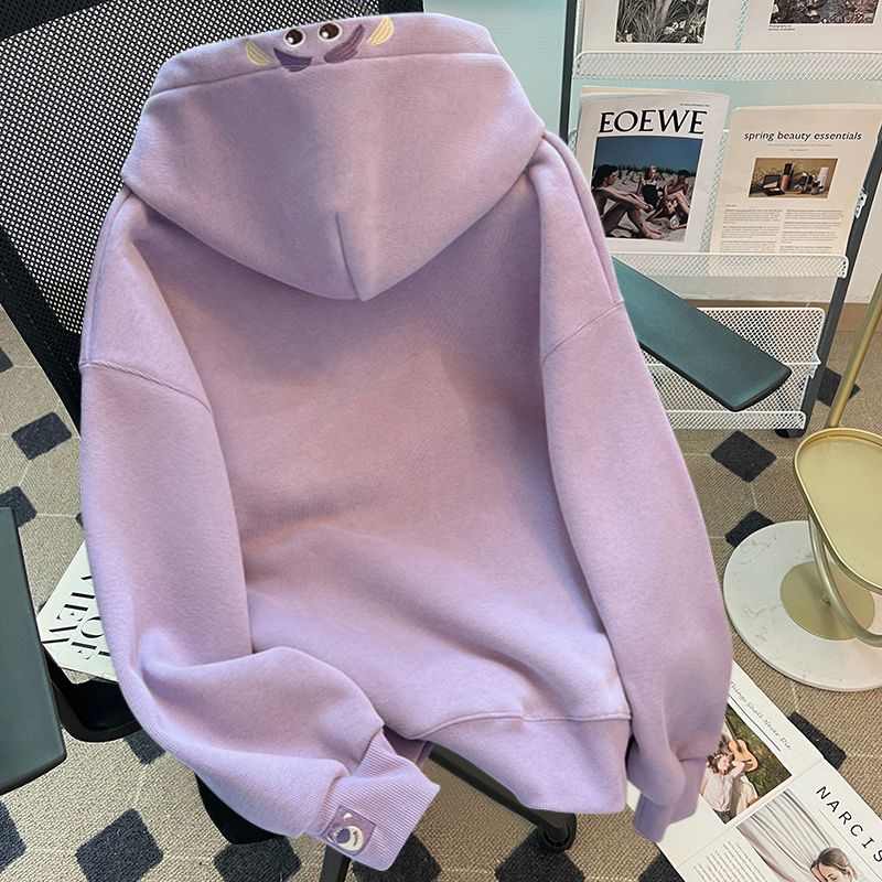 Áo hoodie Vải Nhung Màu Tím Thêu Hình Gấu Phối Dây Rút Thời Trang Đại Học Cho Nữ