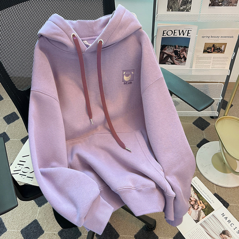 Áo hoodie Vải Nhung Màu Tím Thêu Hình Gấu Phối Dây Rút Thời Trang Đại Học Cho Nữ