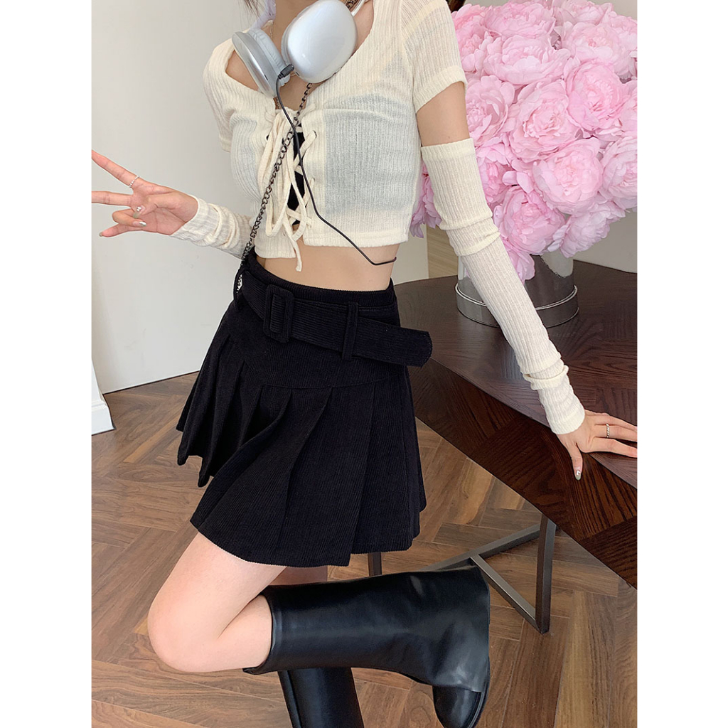 Xiaozhainv Chân Váy Ngắn Lưng Cao Xếp Ly Bằng Vải Nhung Kẻ Phong Cách vintage Hàn Quốc Sang Trọng Dành Cho Nữ