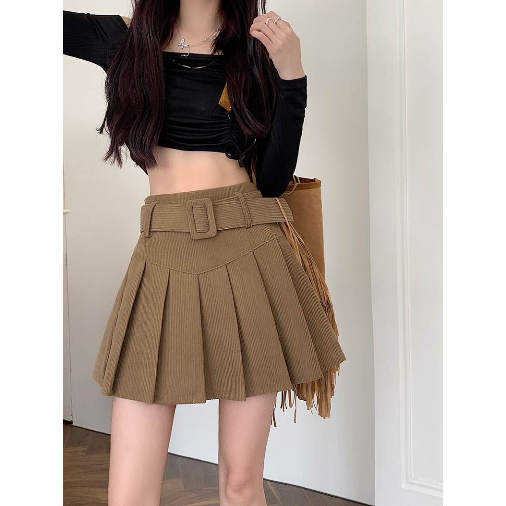 Xiaozhainv Chân Váy Ngắn Lưng Cao Xếp Ly Bằng Vải Nhung Kẻ Phong Cách vintage Hàn Quốc Sang Trọng Dành Cho Nữ