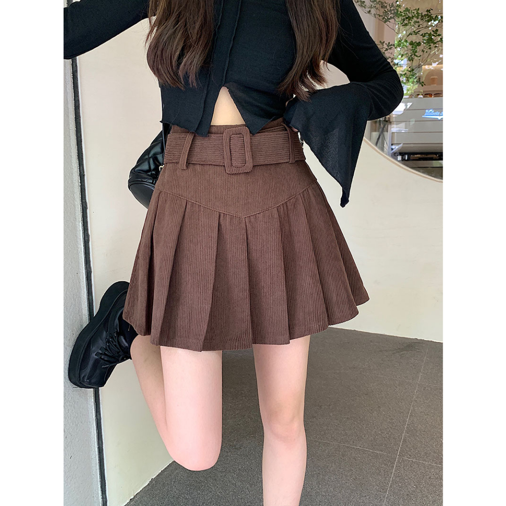 Xiaozhainv Chân Váy Ngắn Lưng Cao Xếp Ly Bằng Vải Nhung Kẻ Phong Cách vintage Hàn Quốc Sang Trọng Dành Cho Nữ