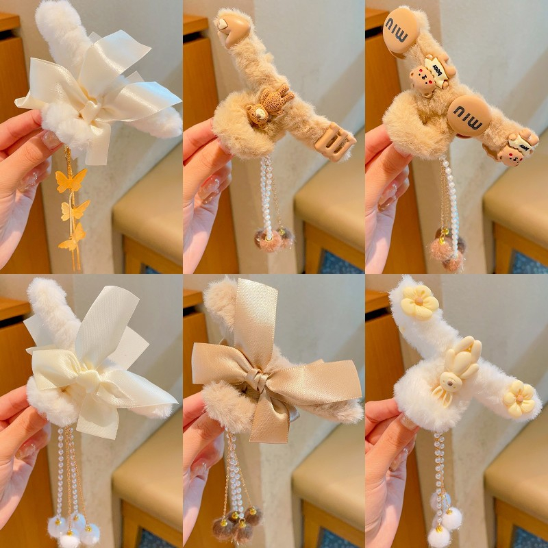 Kẹp Tóc Tua Rua Hình Cá Mập Bằng Lông Nhung Màu Sữa Thời Trang Mùa Thu Hàn Quốc Cho Bé Gái