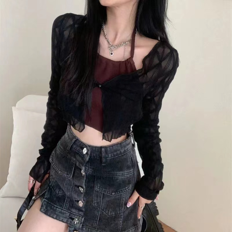 Áo Khoác cardigan Ngắn Mỏng Tay Dài Phối Ren Màu Trơn Phong Cách Mùa Thu 2023 Mới