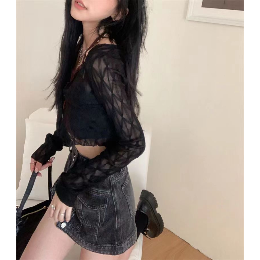 Áo Khoác cardigan Ngắn Mỏng Tay Dài Phối Ren Màu Trơn Phong Cách Mùa Thu 2023 Mới