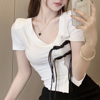 Yuewen Áo Thun Nữ Tay Ngắn Skinny Cổ Không Đều Khóa Phong Cách Ngắn Sang Trọng Thoải Mái Thoải Mái Tốt-
