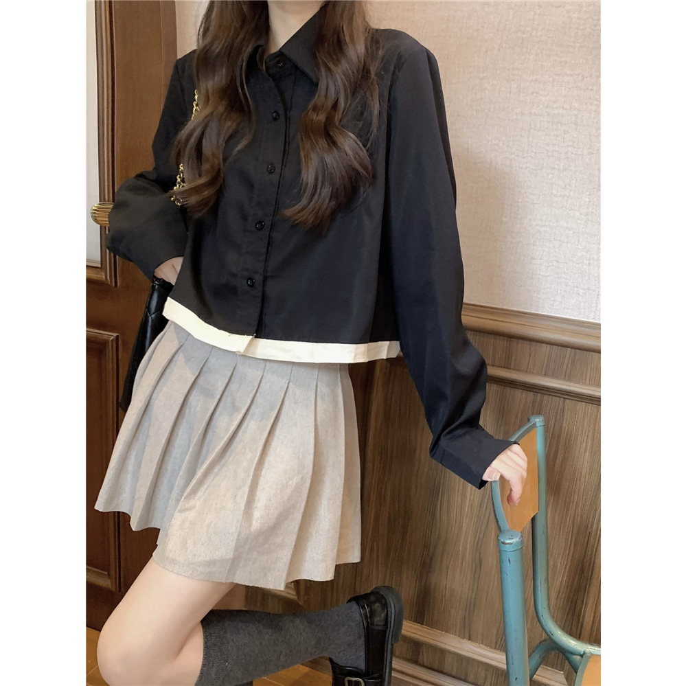 NUZIRO Áo Sơ Mi Ngắn Mỏng Tay Dài Cổ polo Màu Tương Phản Thời Trang Hàn Quốc Cho Nữ