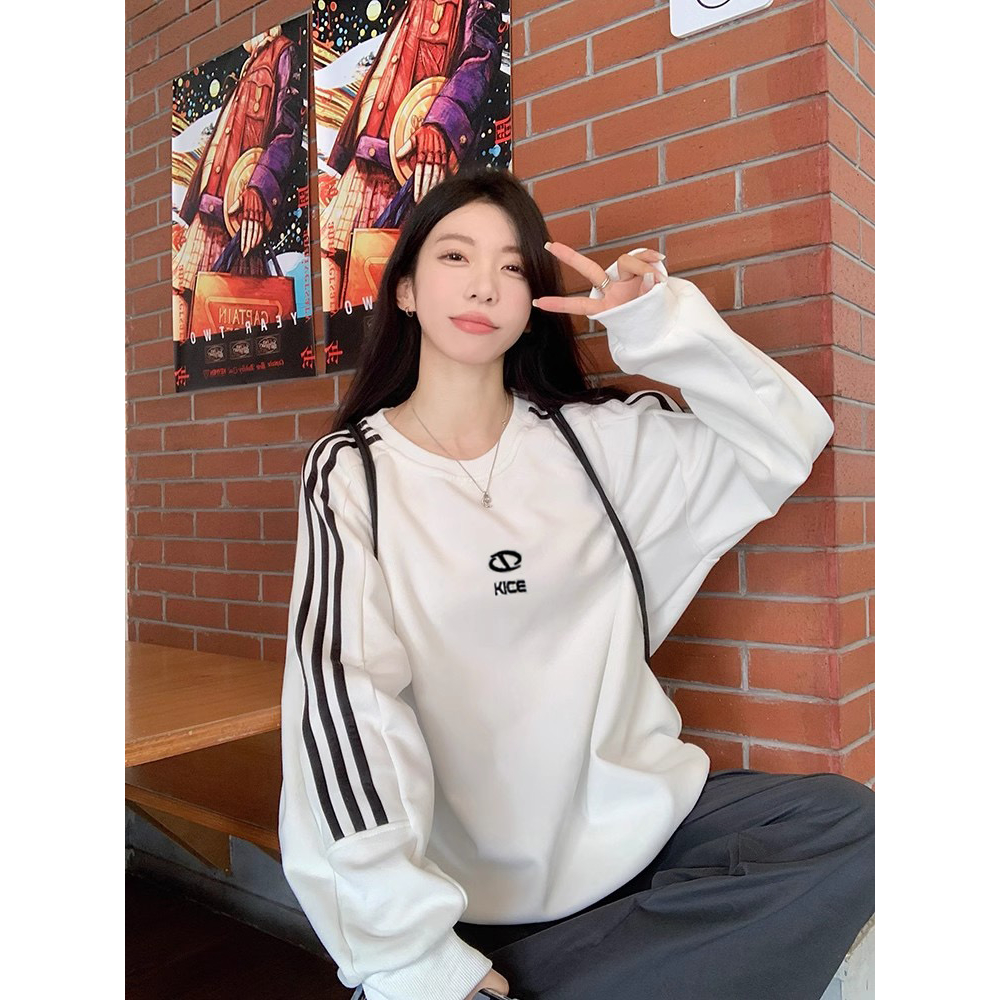 Lalisas Áo sweatshirt Tay Dài Cổ Tròn oversize Thêu Chữ Hàn Quốc Cho Nữ