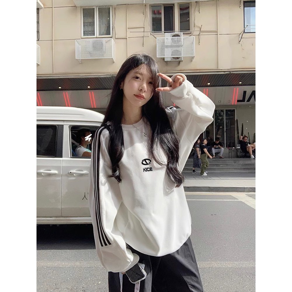 Lalisas Áo sweatshirt Tay Dài Cổ Tròn oversize Thêu Chữ Hàn Quốc Cho Nữ