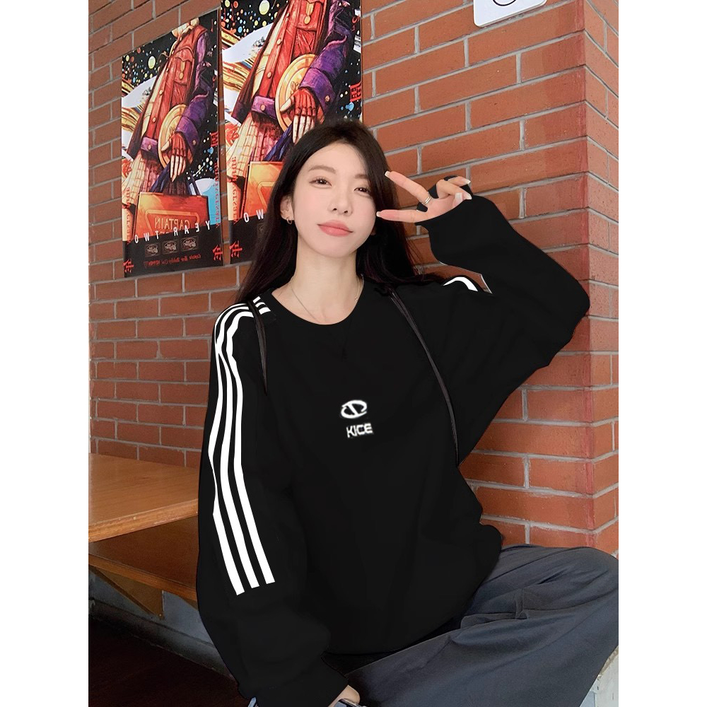 Lalisas Áo sweatshirt Tay Dài Cổ Tròn oversize Thêu Chữ Hàn Quốc Cho Nữ