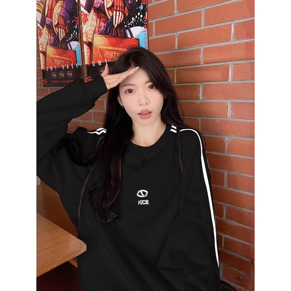 Lalisas Áo sweatshirt Tay Dài Cổ Tròn oversize Thêu Chữ Hàn Quốc Cho Nữ