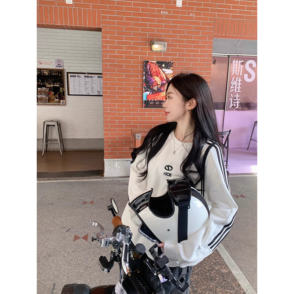 Lalisas Áo sweatshirt Tay Dài Cổ Tròn oversize Thêu Chữ Hàn Quốc Cho Nữ