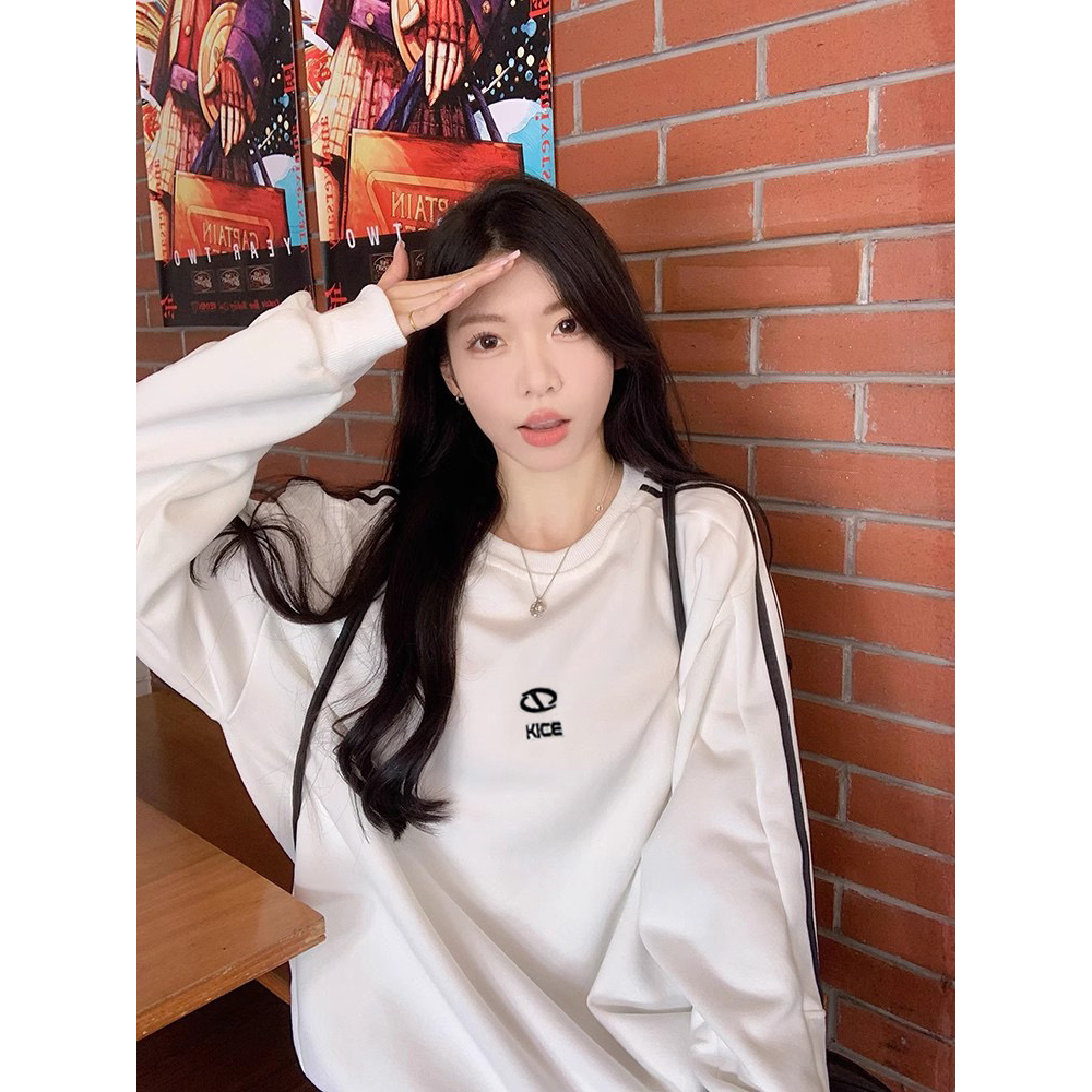 Lalisas Áo sweatshirt Tay Dài Cổ Tròn oversize Thêu Chữ Hàn Quốc Cho Nữ