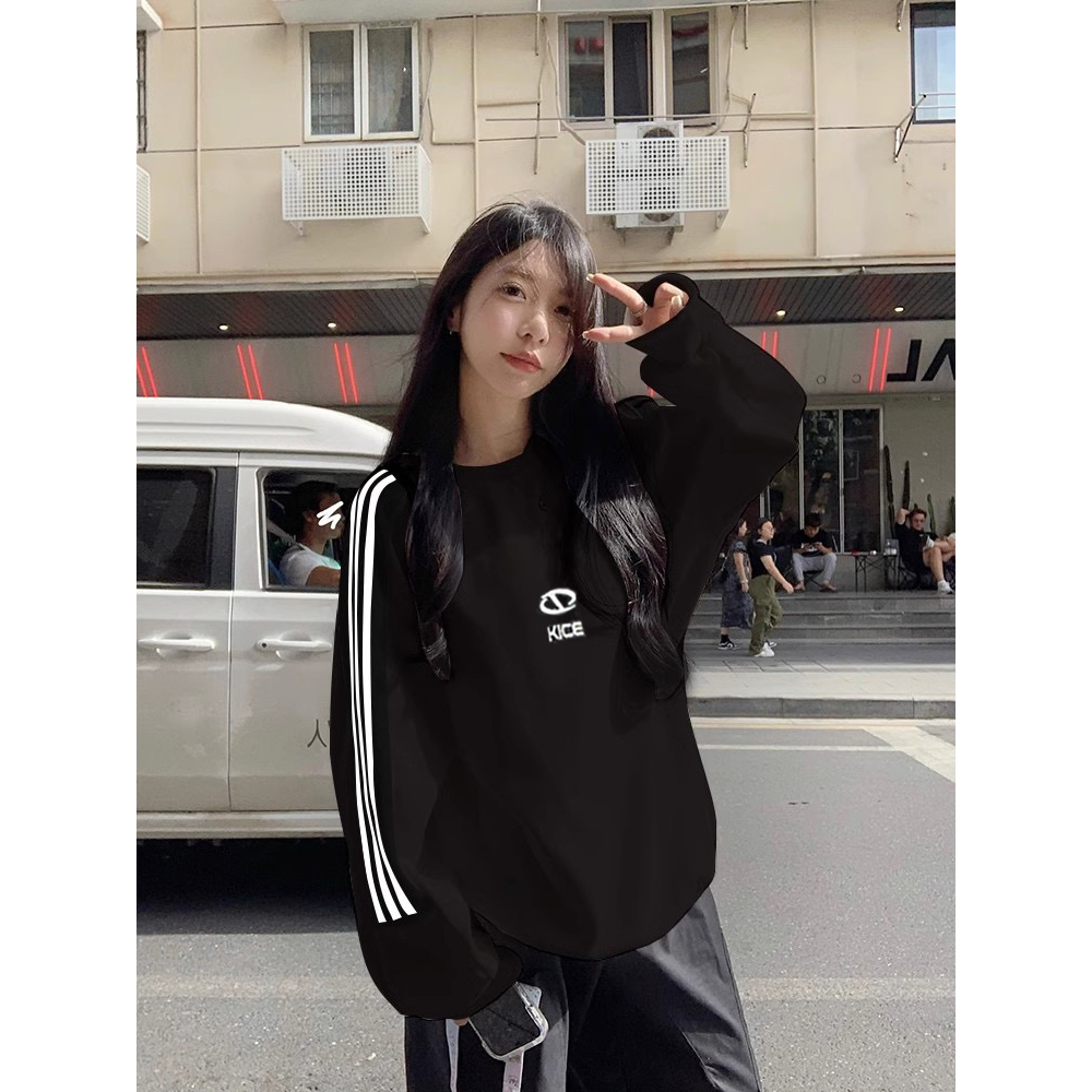 Lalisas Áo sweatshirt Tay Dài Cổ Tròn oversize Thêu Chữ Hàn Quốc Cho Nữ