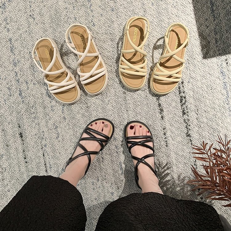 Sandal nữ đế cao 4.5cm 2023 quai da dây chéo và xỏ ngón charm nhẫn siêu xinh size 35-40