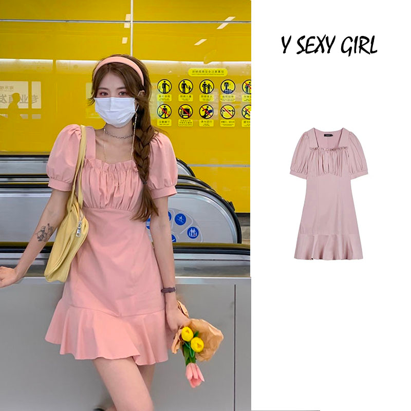 Đầm Hồng Tay Phồng Phong cách mới váy hồng tay phồng nữ mùa hè tình yêu đầu tiên khí chất nhỏ nhắn của Pháp