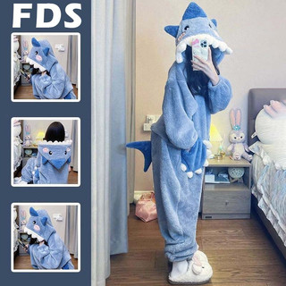 Fds Bộ Đồ Ngủ Liền Thân Tay Dài Có Nón In Hình Cá Mập Nhỏ Phong Cách Hàn Quốc Thời Trang Mùa Đông Cho Nữ
