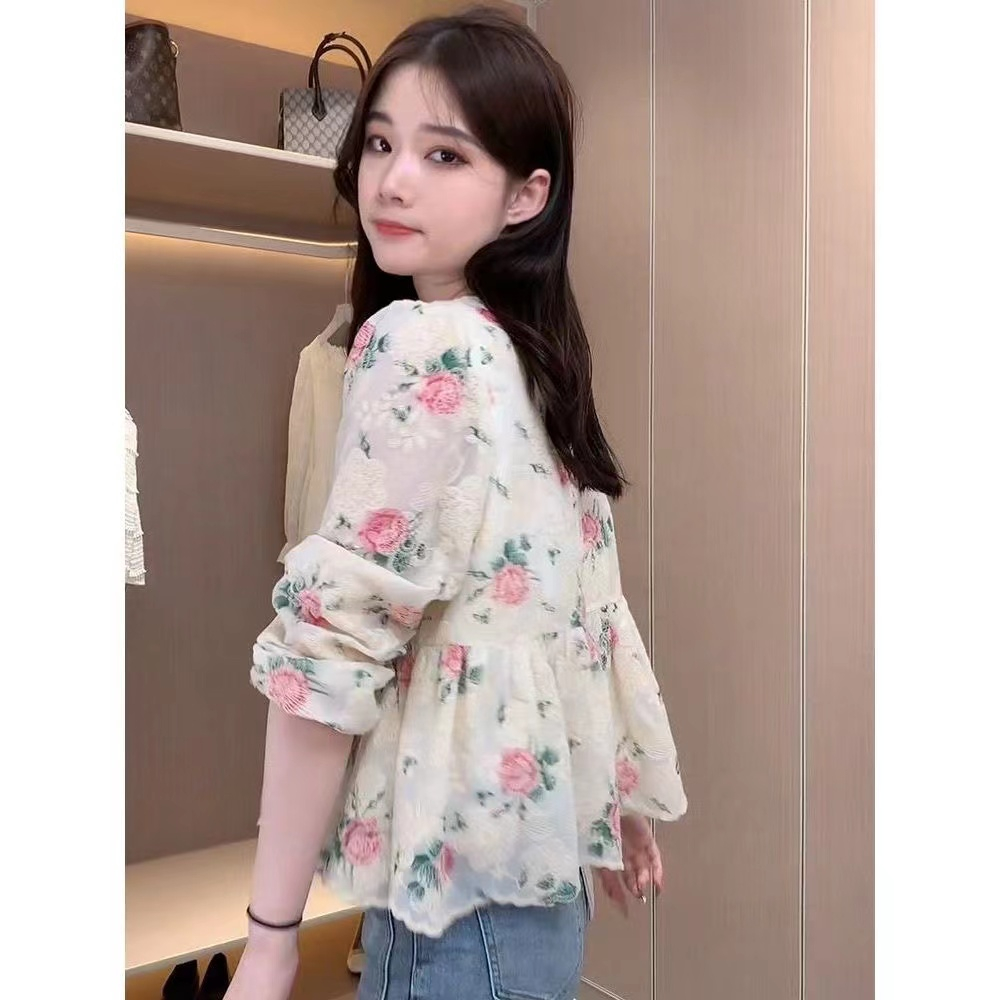 Áo Sơ Mi Nữ Tay Dài Cổ Chữ v Thêu Hoa Phong Cách vintage Hàn Quốc baju baju wanita Lenan panjang