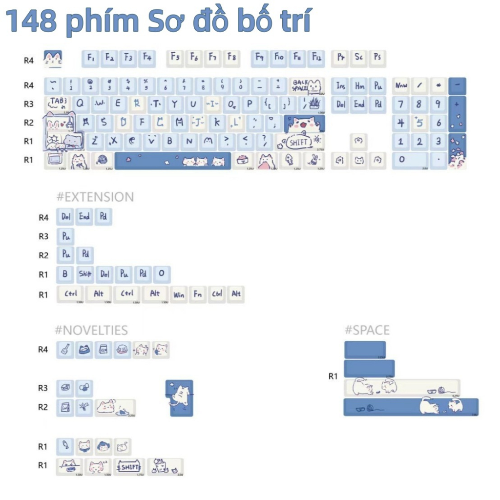 66/148 Phím Blue Meow Meow Keycaps MDA/Cherry Dễ Thương PBT Năm mặt thăng hoa nhiệt 61/64/68/75/84/87/104/108 Dễ Thương Bàn Phím Cơ Keycap