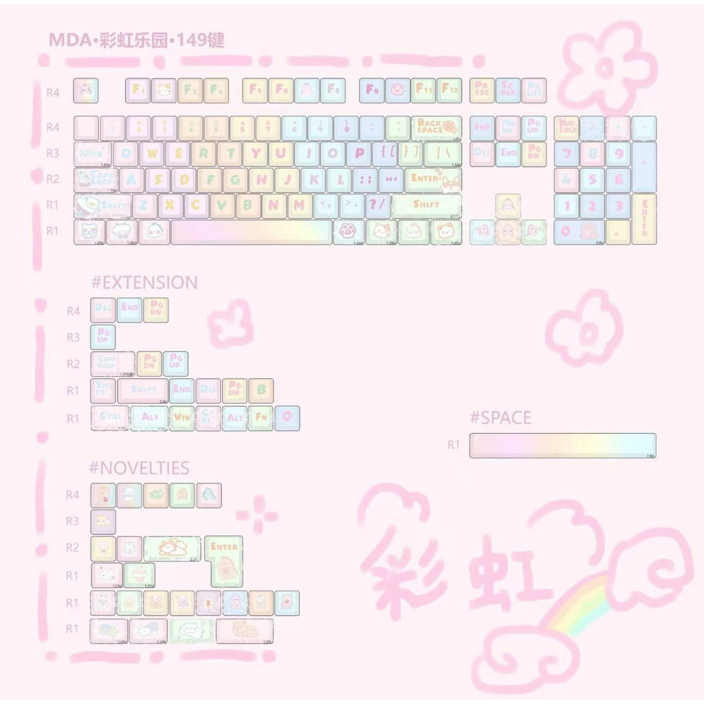 149 Phím Công viên Rainbow Keycaps XDA PBT Năm mặt thăng hoa nhiệt Mùa hè Keycap Phù hợp 61/68/75/84/87/96/98/104/108