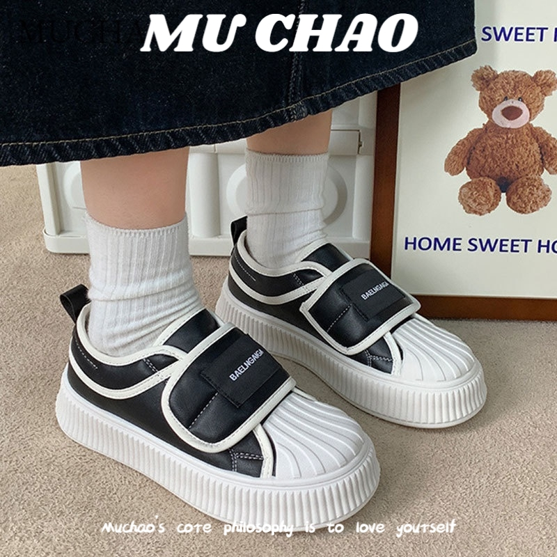 MUCHAO Phiên Bản Hàn Quốc Giày Đầu Vỏ Sò Nhỏ Màu Trắng Quai Dán Đế Dày Cho Nữ tide