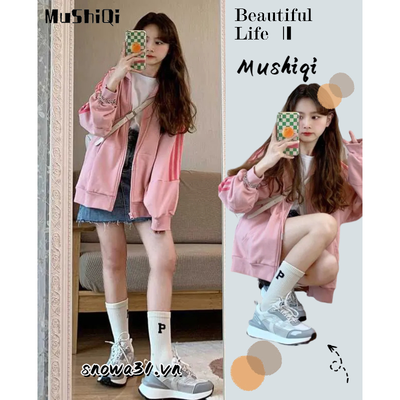 Mushiqi Áo Khoác sweater Có Mũ Trùm Phối Khóa Kéo Cá Tính Cho Nữ