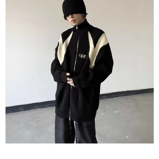Kyushuad áo khoác sweater dáng rộng cổ lọ thêu họa tiết có khóa kéo cá tính cho nam