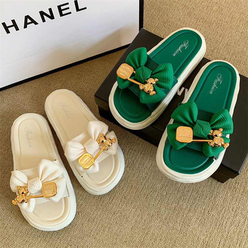 Dép Sandal Đế Dày Đính Nơ Thời Trang Mùa Hè Cho Nữ drag
