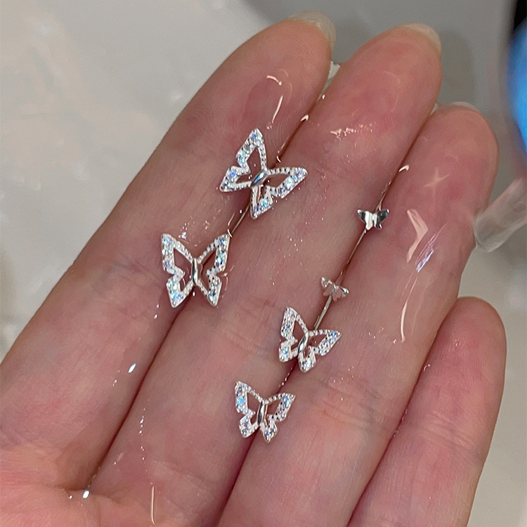 Bông Tai Mạ Bạc 925 Hình Bướm Ba Chiều Đính Đá zircon Đơn Giản Thời Trang Dành Cho Nữ
