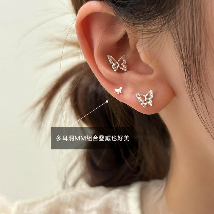 Bông Tai Mạ Bạc 925 Hình Bướm Ba Chiều Đính Đá zircon Đơn Giản Thời Trang Dành Cho Nữ